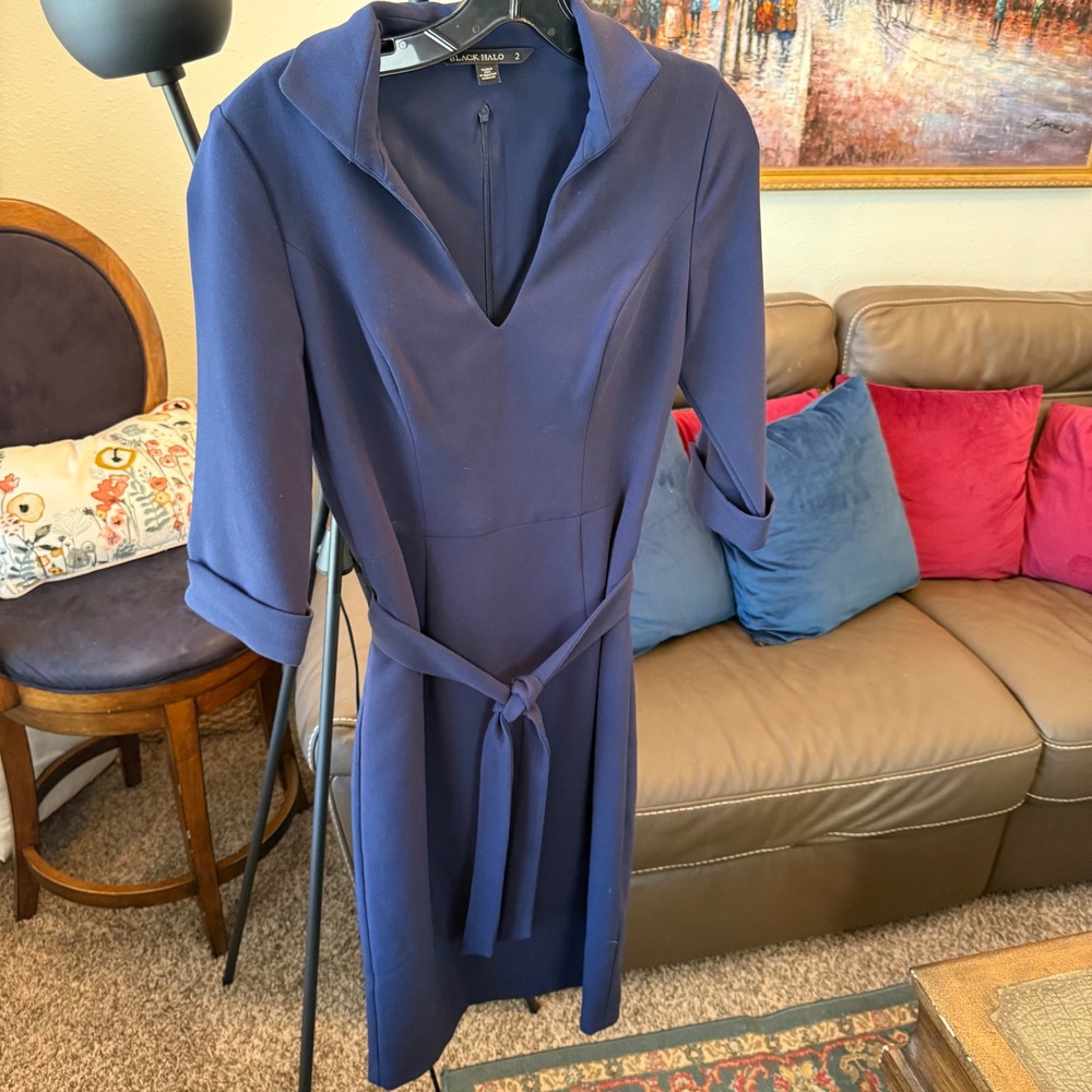 Black Halo Jackie O Navy Blue 3/4 Sleeve Belted Sheath Dress Size 2 3599260